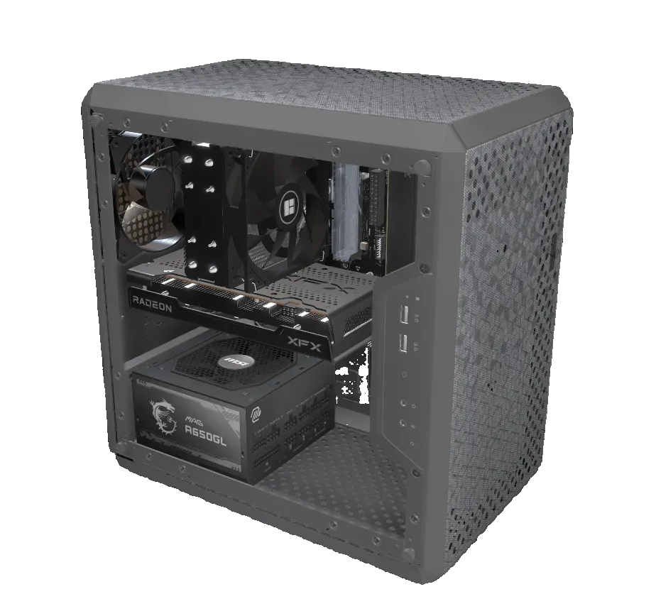 Computer hardware case with visible components on a black background