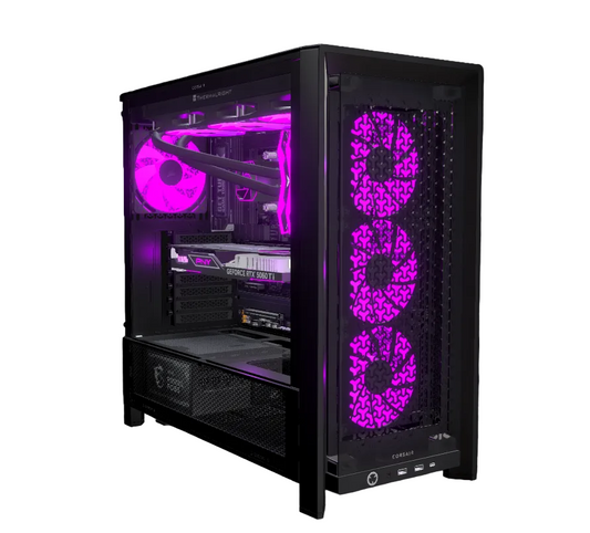 A black custom gaming PC tower with a glass side panel, showcasing a liquid CPU cooler with a pink LED loop and three matching pink fans on the front. The interior is illuminated in vibrant pink, highlighting the components inside, set against a dark studio background.
