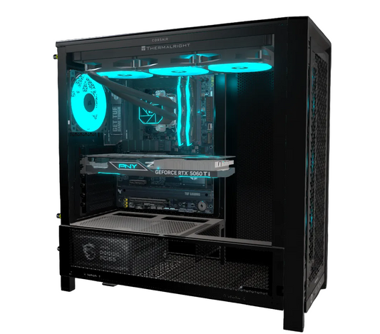 A black desktop PC tower with a glass side panel, showcasing a custom liquid CPU cooler with glowing cyan fans and tubes, a GeForce RTX 5090 graphics card, and a power supply, set against a dark studio background.