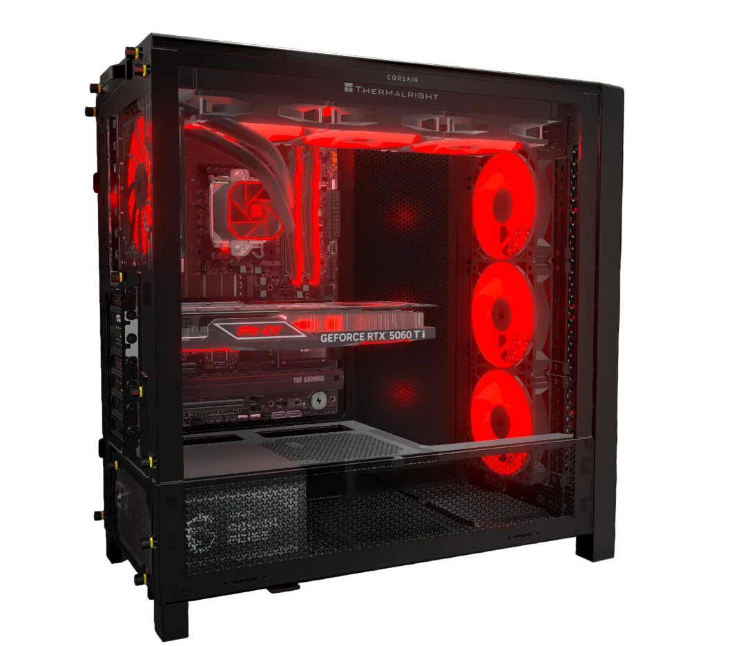 A black Thermalright computer case with a clear side panel, showcasing a custom PC build with glowing red fans and internal RGB lighting. The build includes a GeForce RTX 5060 Ti graphics card, a high-end CPU, and a dual-chambered bottom shelf.